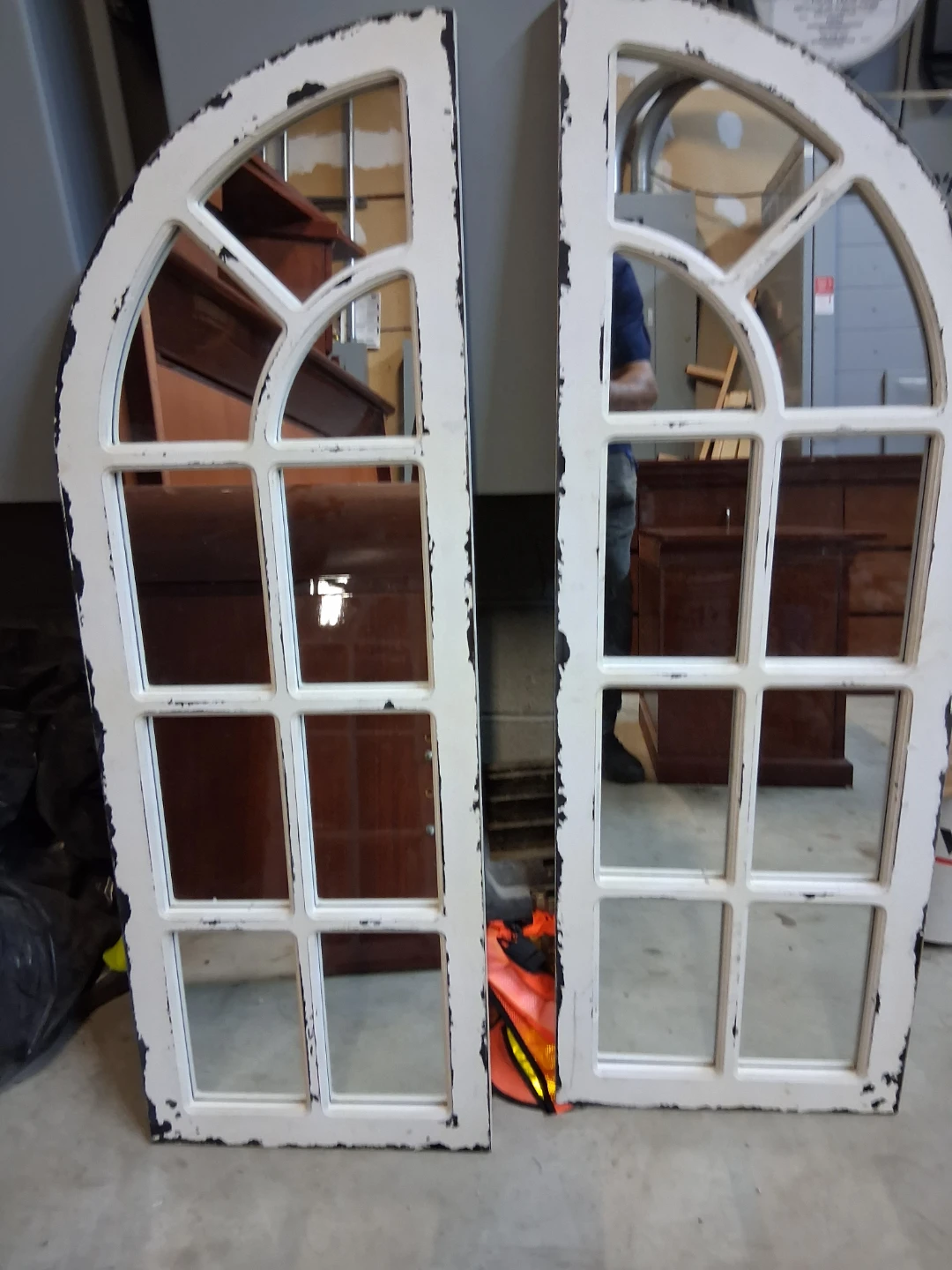 Set of Two Distressed Arch Window Wall Mirrors