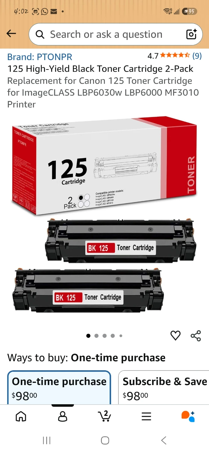 125 Black Toner Cartridge 2-Pack