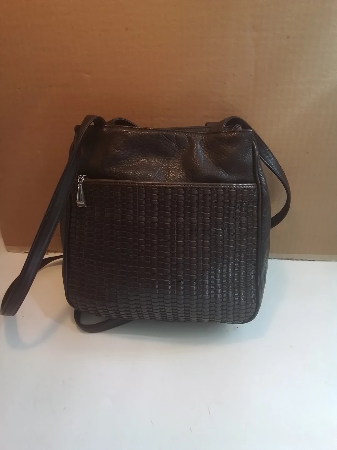 Vintage Dark Brown Leather Woven Crossbody Bag