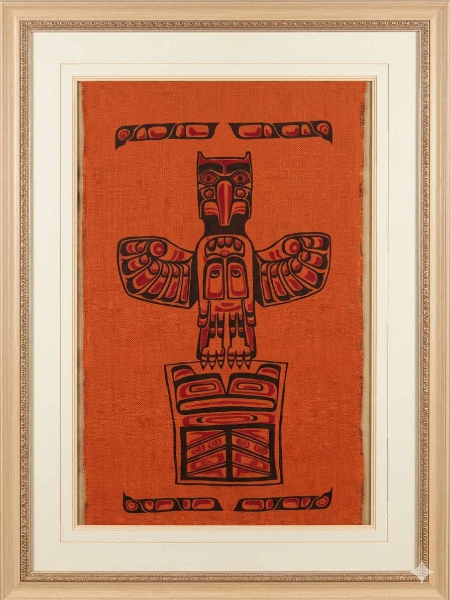 1970s Pacific Northwest Coast Totem Pole Silkscreen on Burlap