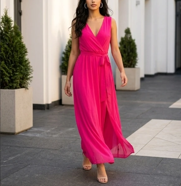 Hot Pink Sleeveless Wrap Maxi Dress