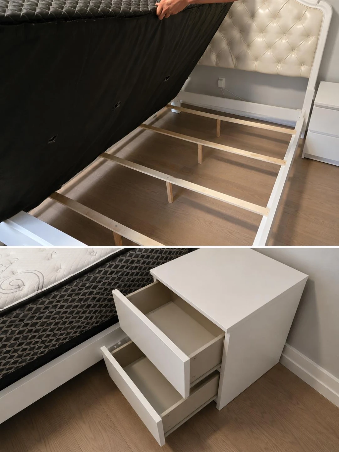 White Upholstered Bed Frame and Nightstand Set - photo 3