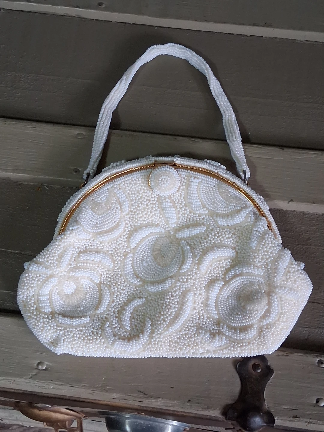 Vintage White/ ivory hand Beaded Handbag/ clutch