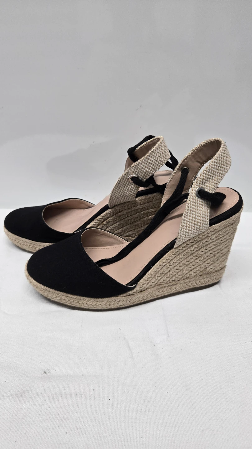 ZBY Black/Beige Espadrille Wedge Heels Closed Toe Ankle Tie S. 8 - photo 2