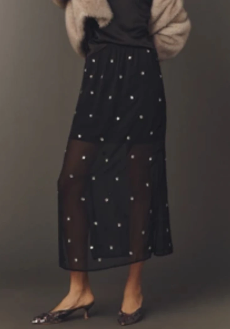 Anthropologie NWT Sheer Shine Column Midi Skirt With Side Slits