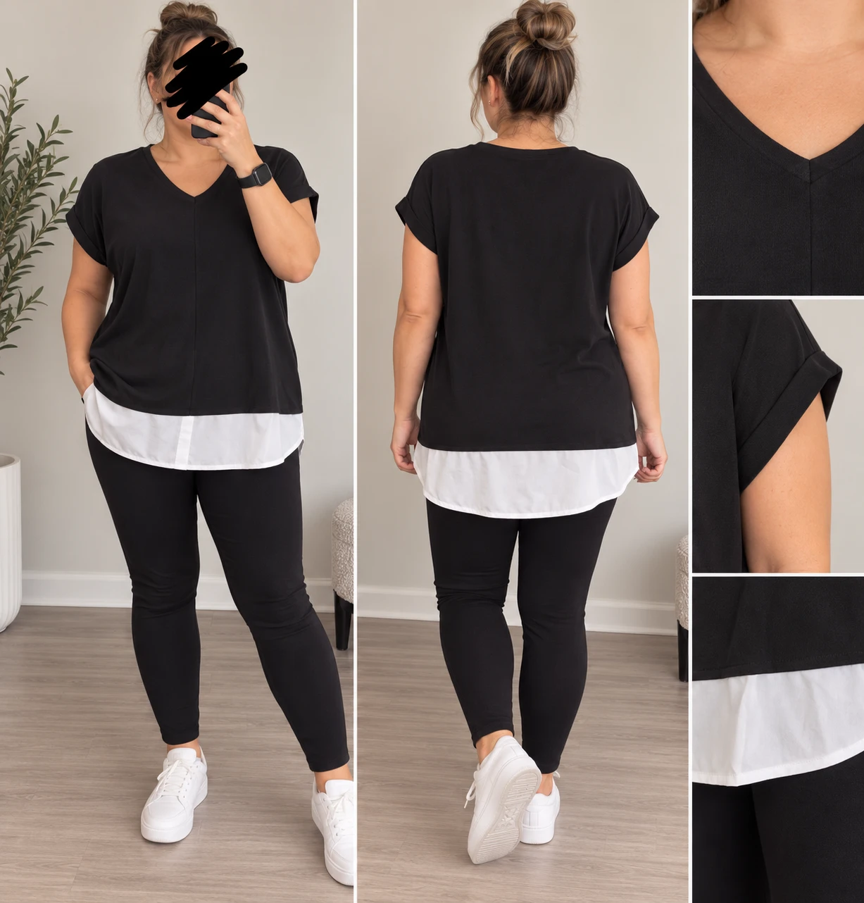 Black and white layered v-neck top blouse size M-L