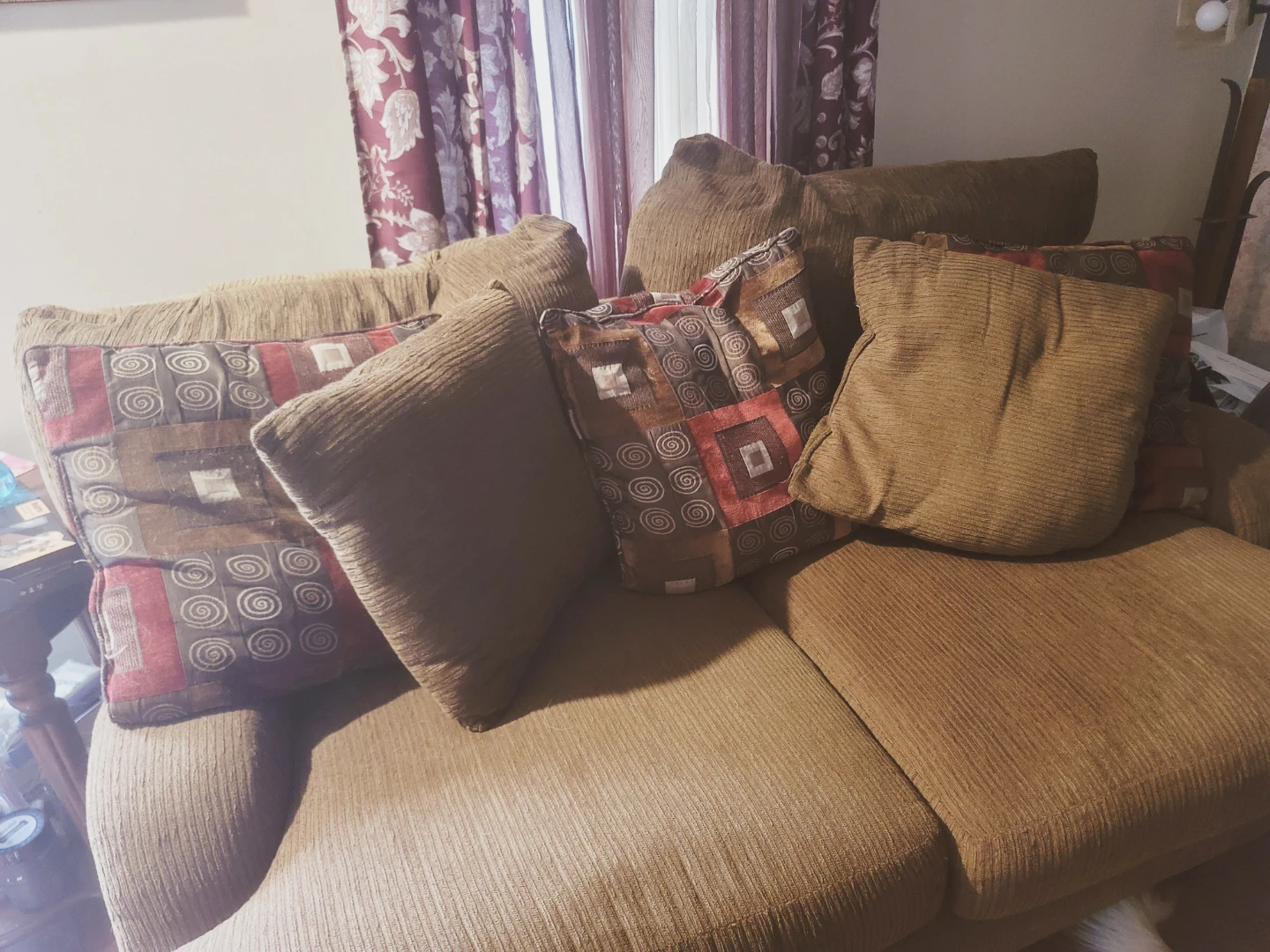 Brown Corduroy Sofa with Patterned Throw Pillows - photo 2