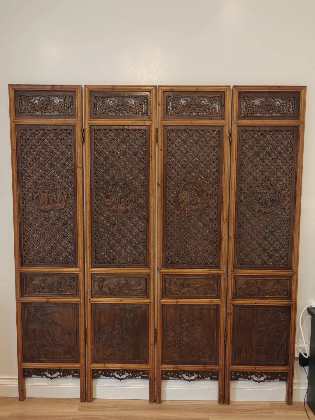 Four-Panel Hand-Carved Wooden Room Divider