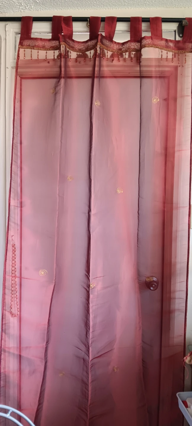 Decorative Red Sheer Curtain with Beaded Trim