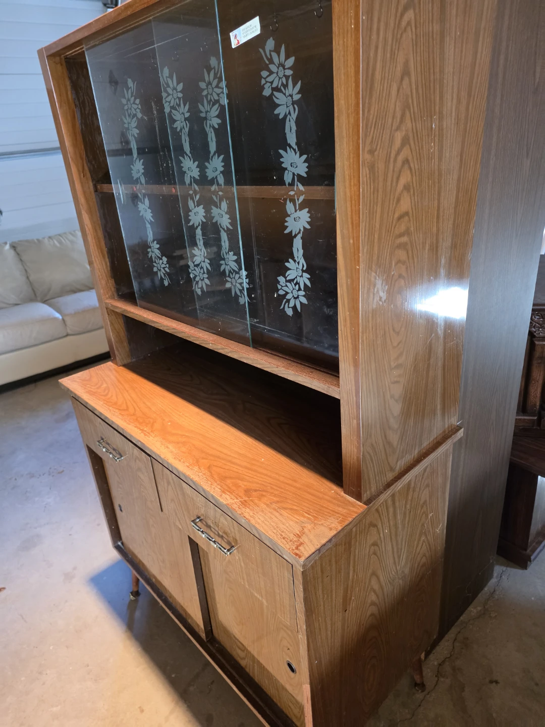 Vintage Mid-Century Wood Hutch with Etched Glass Doors - photo 3