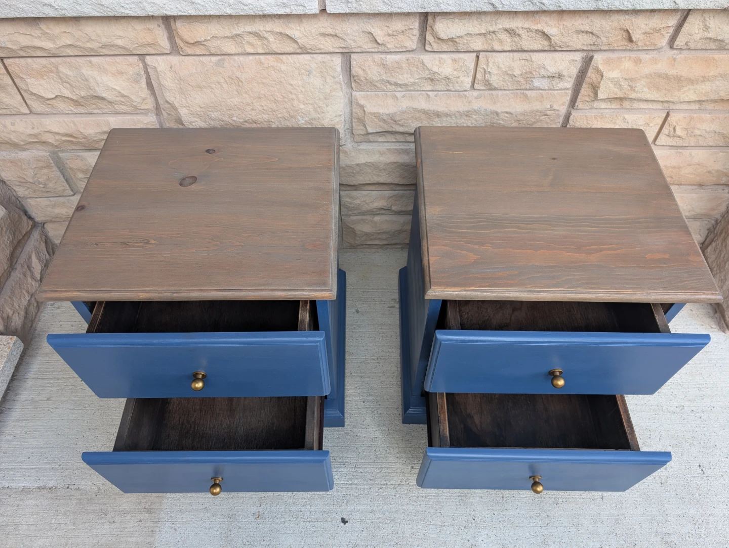 Pair of Blue Nightstands with Wooden Tops