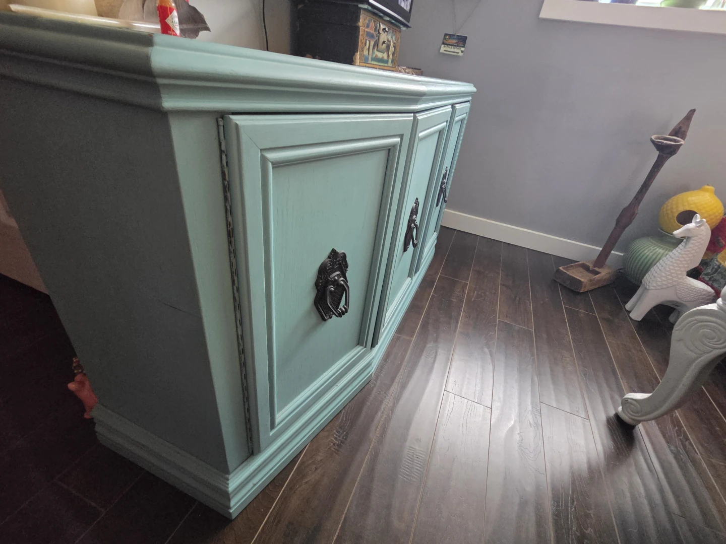 Teal Blue Painted Wooden Media Console Cabinet - photo 2