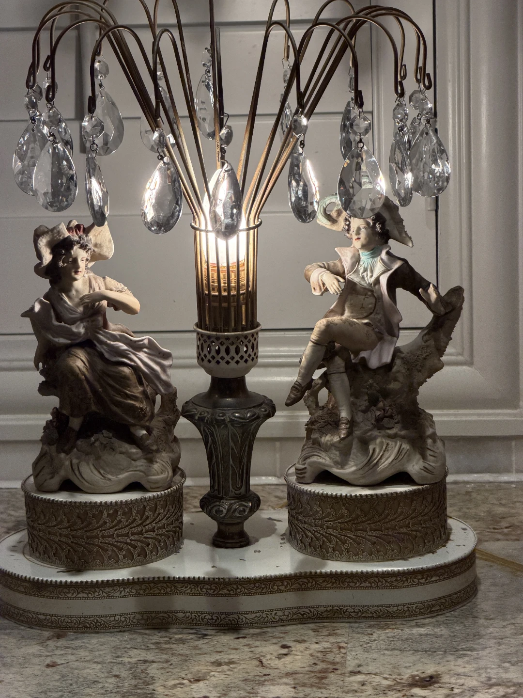 Vintage Porcelain Couple Crystal Accent Table Lamp