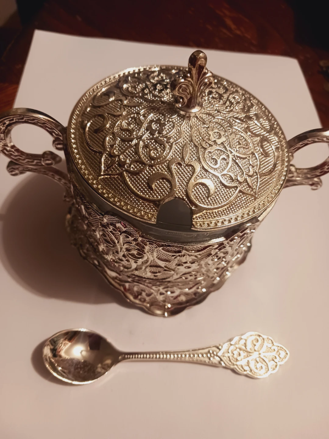 New !!  Silver-Tone Sugar Bowl with Spoon