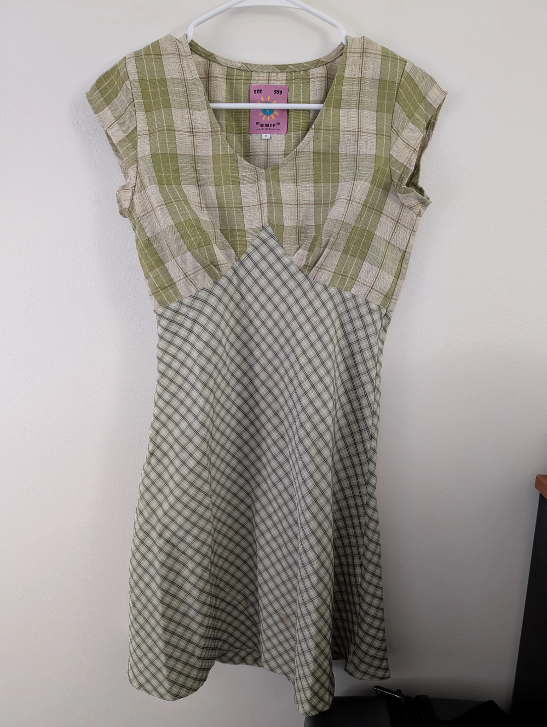 Vintage-Inspired UNIF Thyme Plaid Patchwork Mini Dress