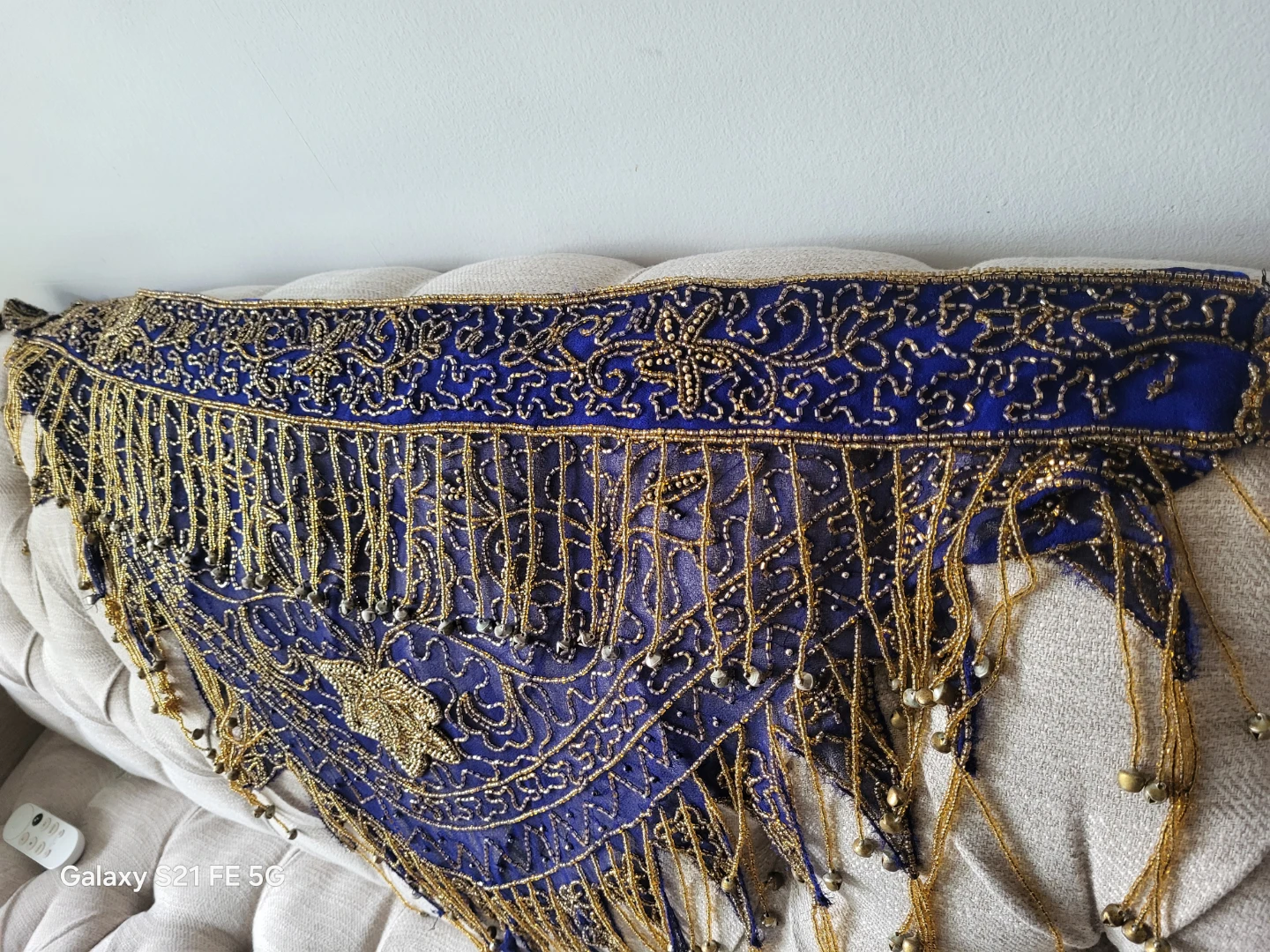 Blue and Gold Beaded Belly Dance Hip Scarf - photo 3