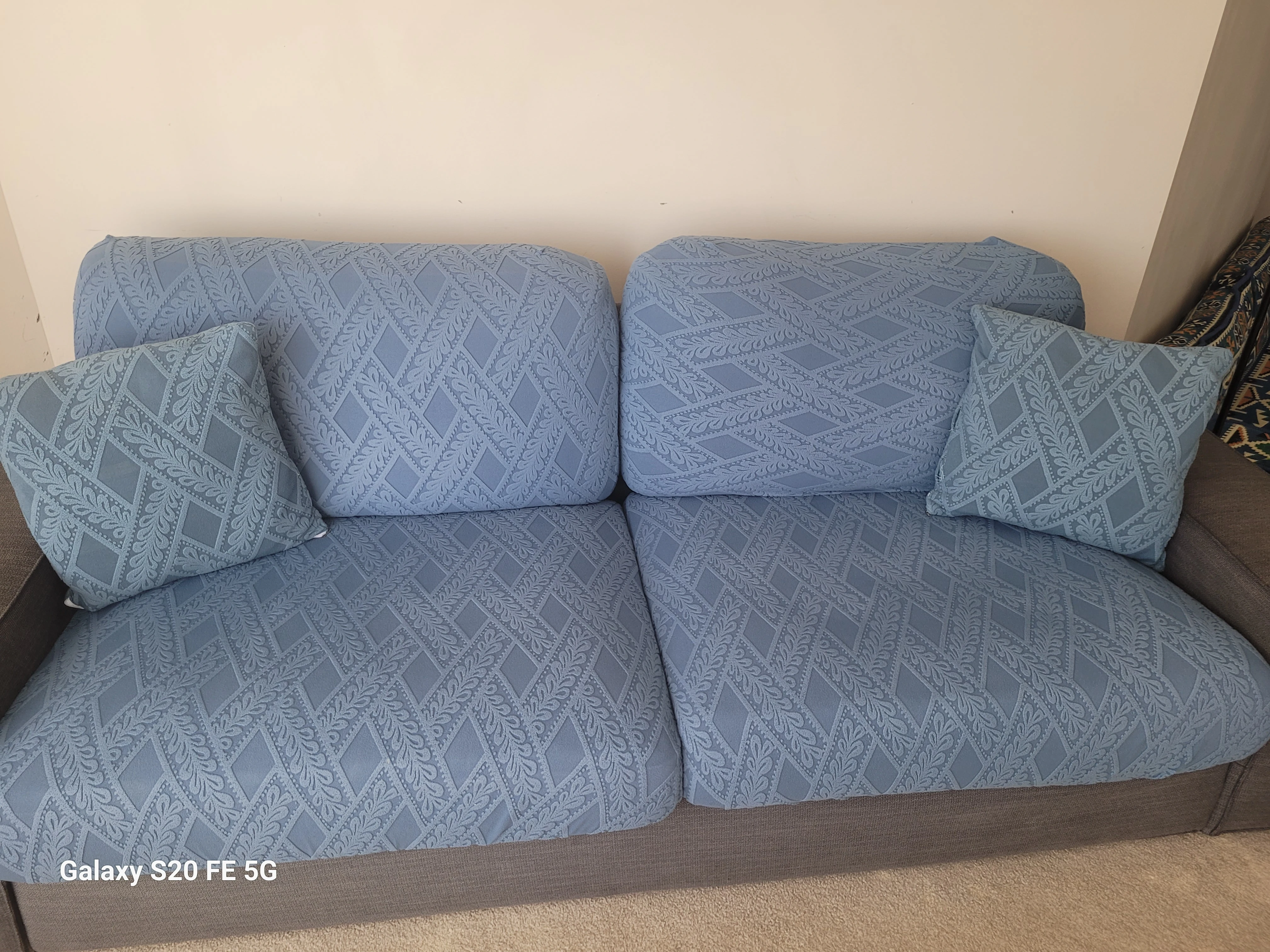 Blue sofa with the cover