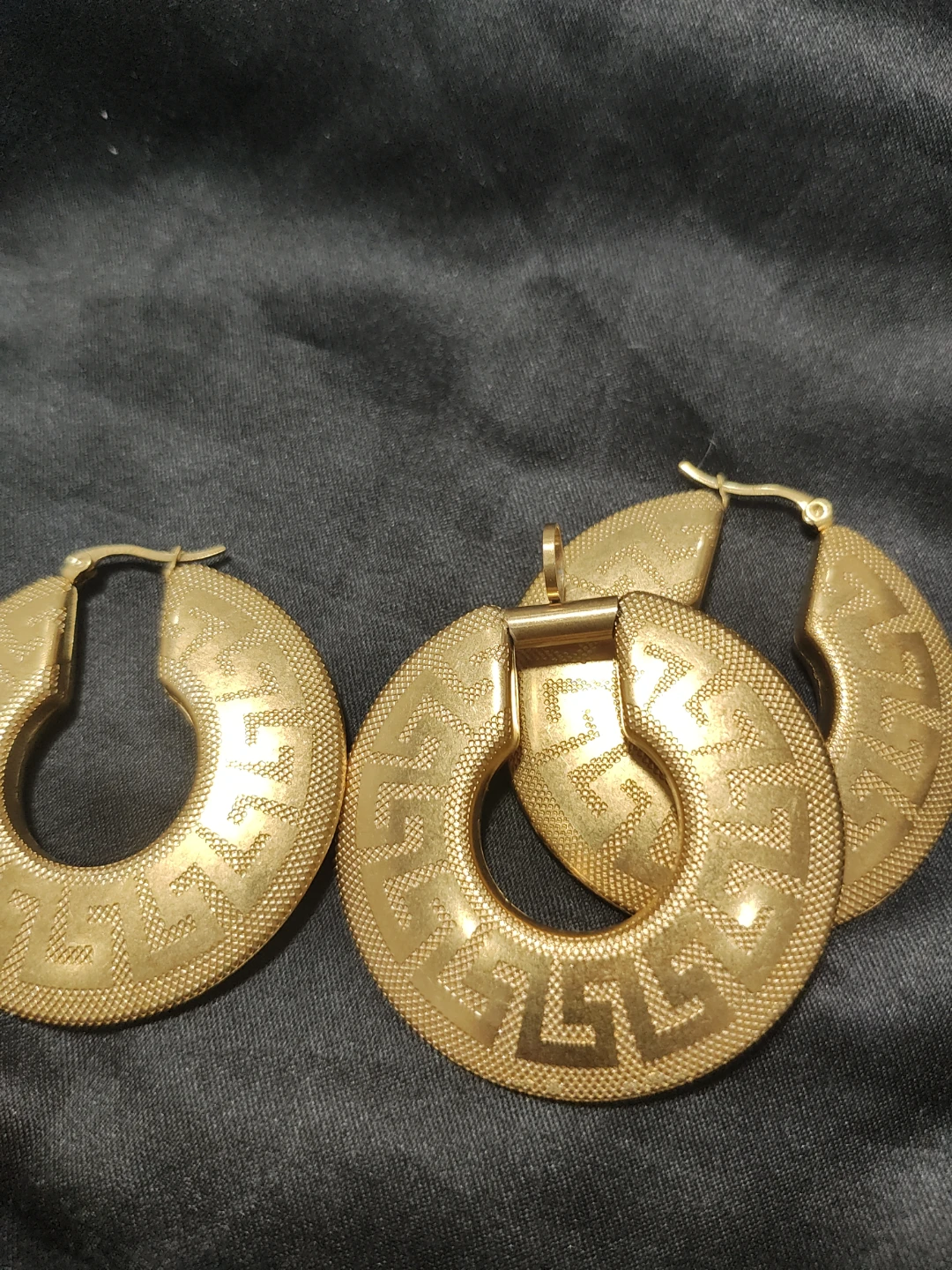 Gold-tone Greek Key Hoop Earrings and Pendant Set - photo 3
