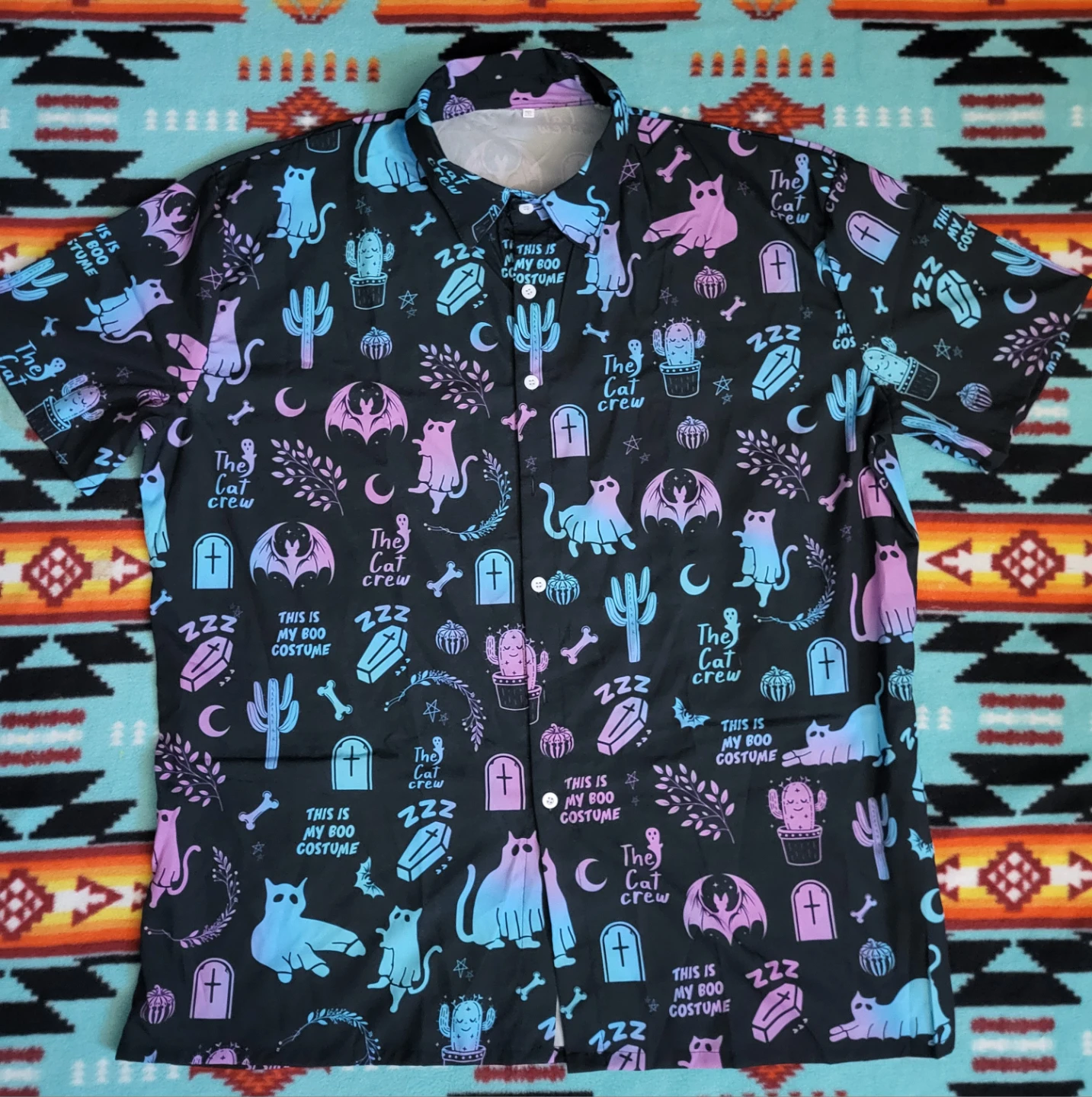New The Cat Crew Halloween Short Sleeve Button-up Shirt 2XL - photo 4