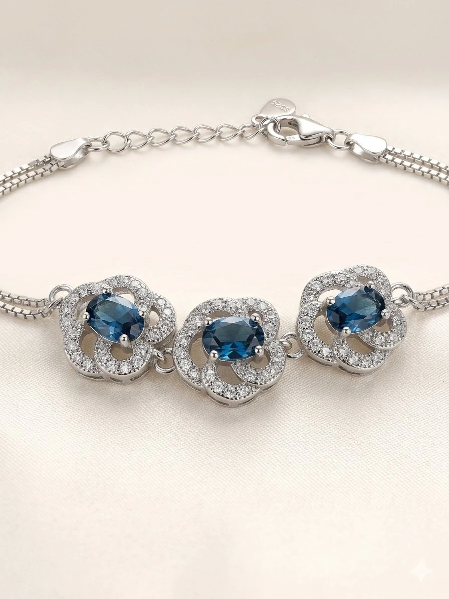 Beautiful 925 Sterling Silver London Blue Topaz & CZ