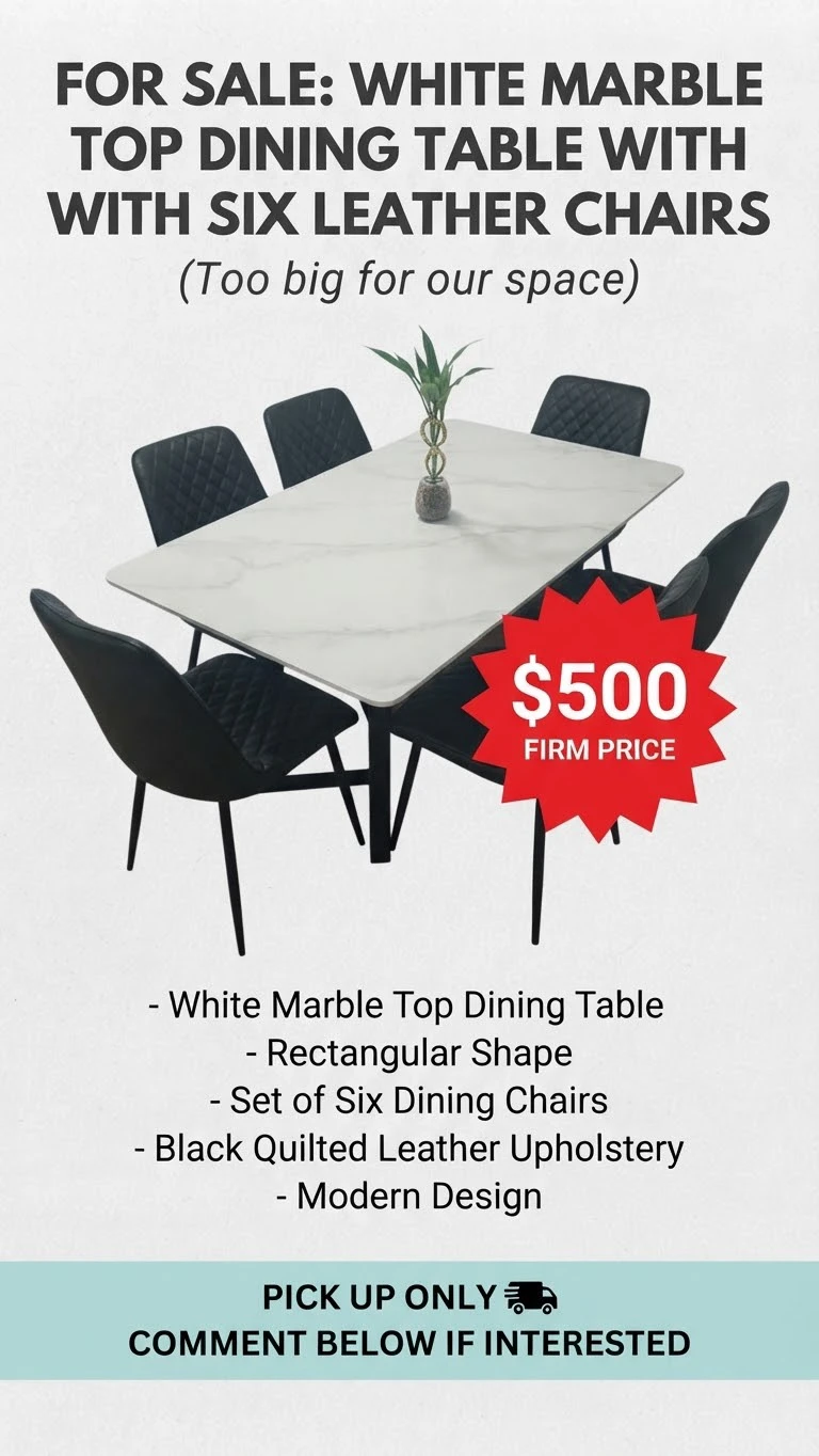 White Marble Top Dining Table with Six Chairs