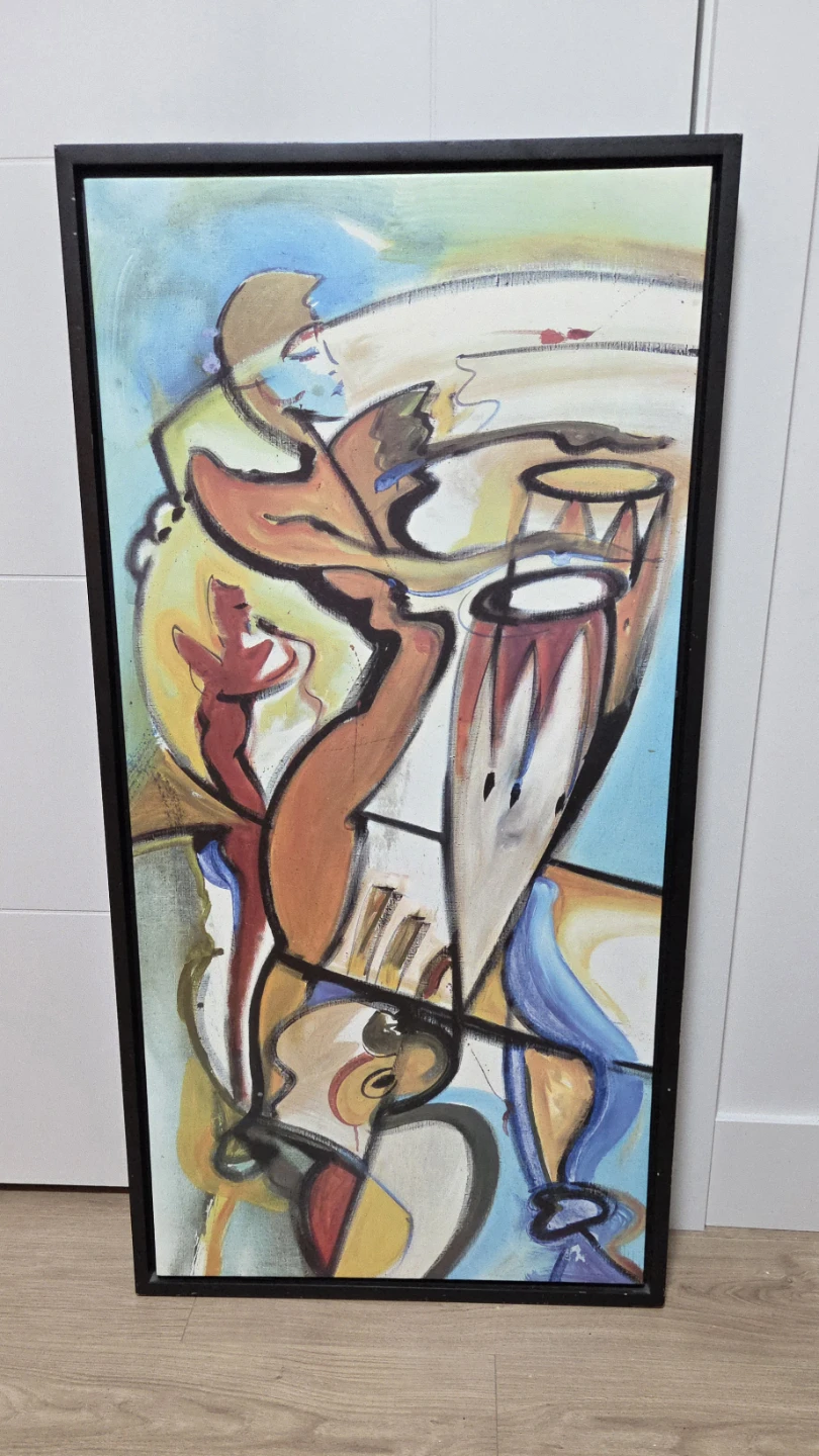 Framed abstract painting with figures and drums