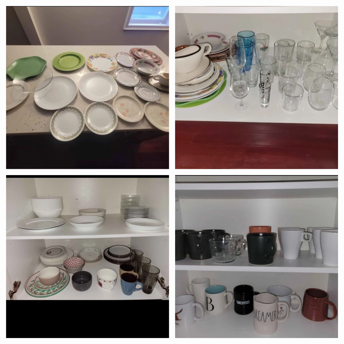 $1 each glass, mug, cup, plate, bowl, dinnerware