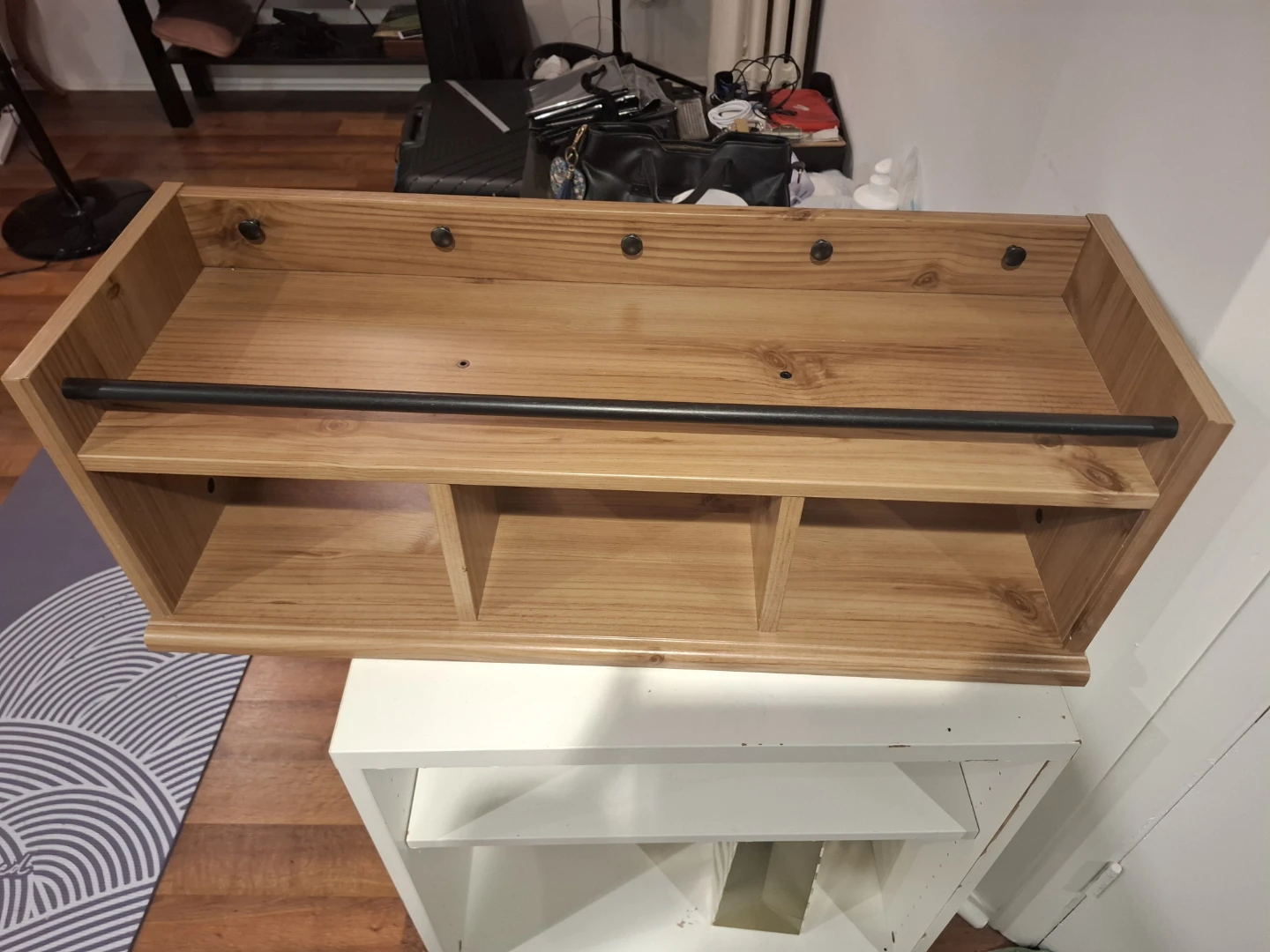 Wooden Wall Shelf with Black Metal Bar