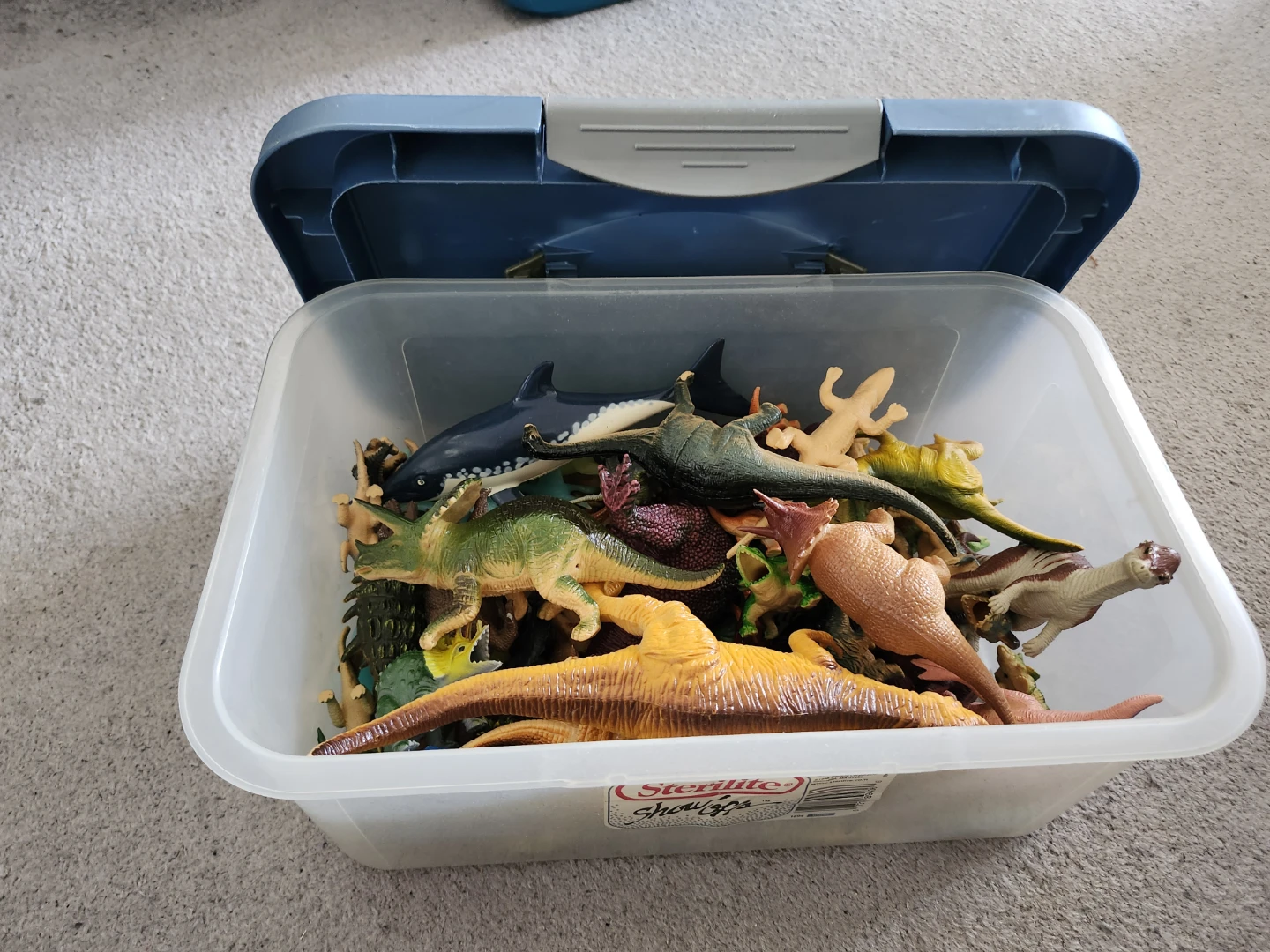 Assorted Dinosaur Toy Figures in Sterilite Bin