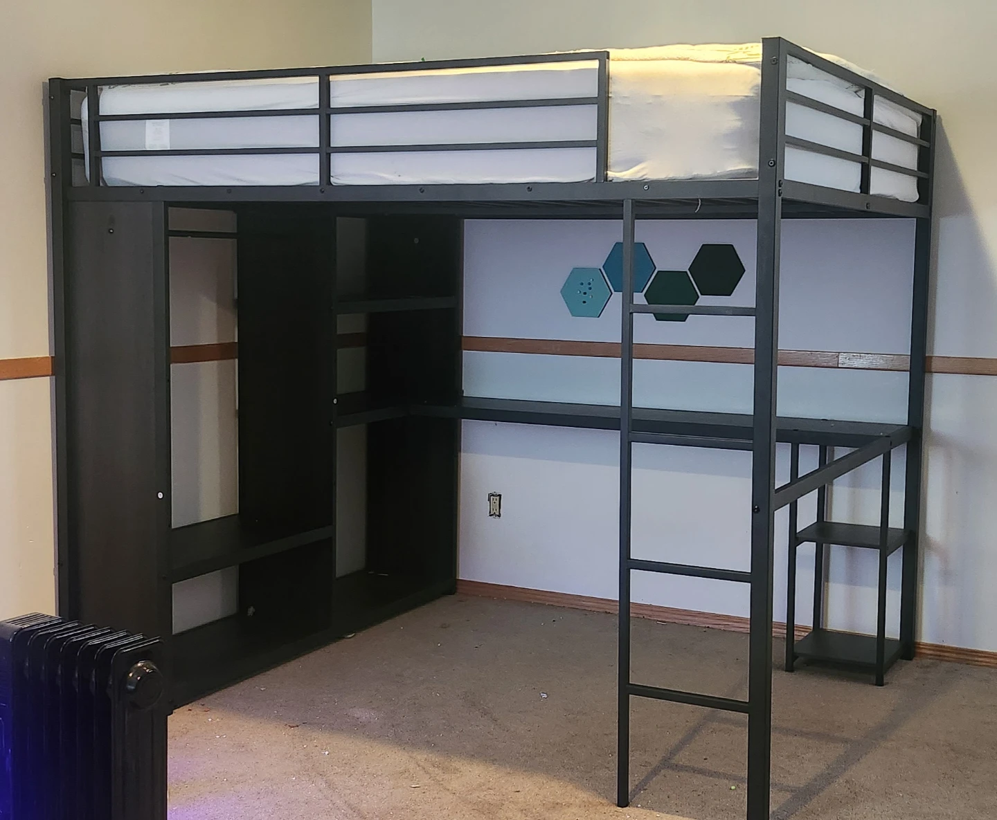 Black Metal Loft Bed with Built-in Desk and Shelving