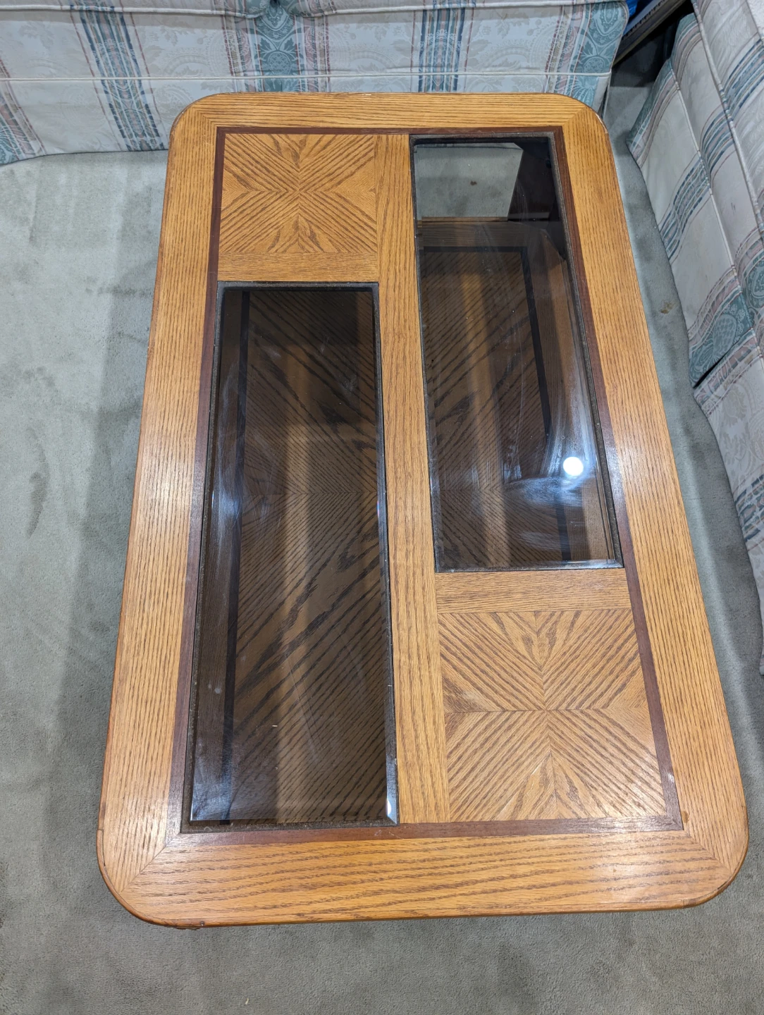 Vintage Oak Coffee Table with Glass Inserts