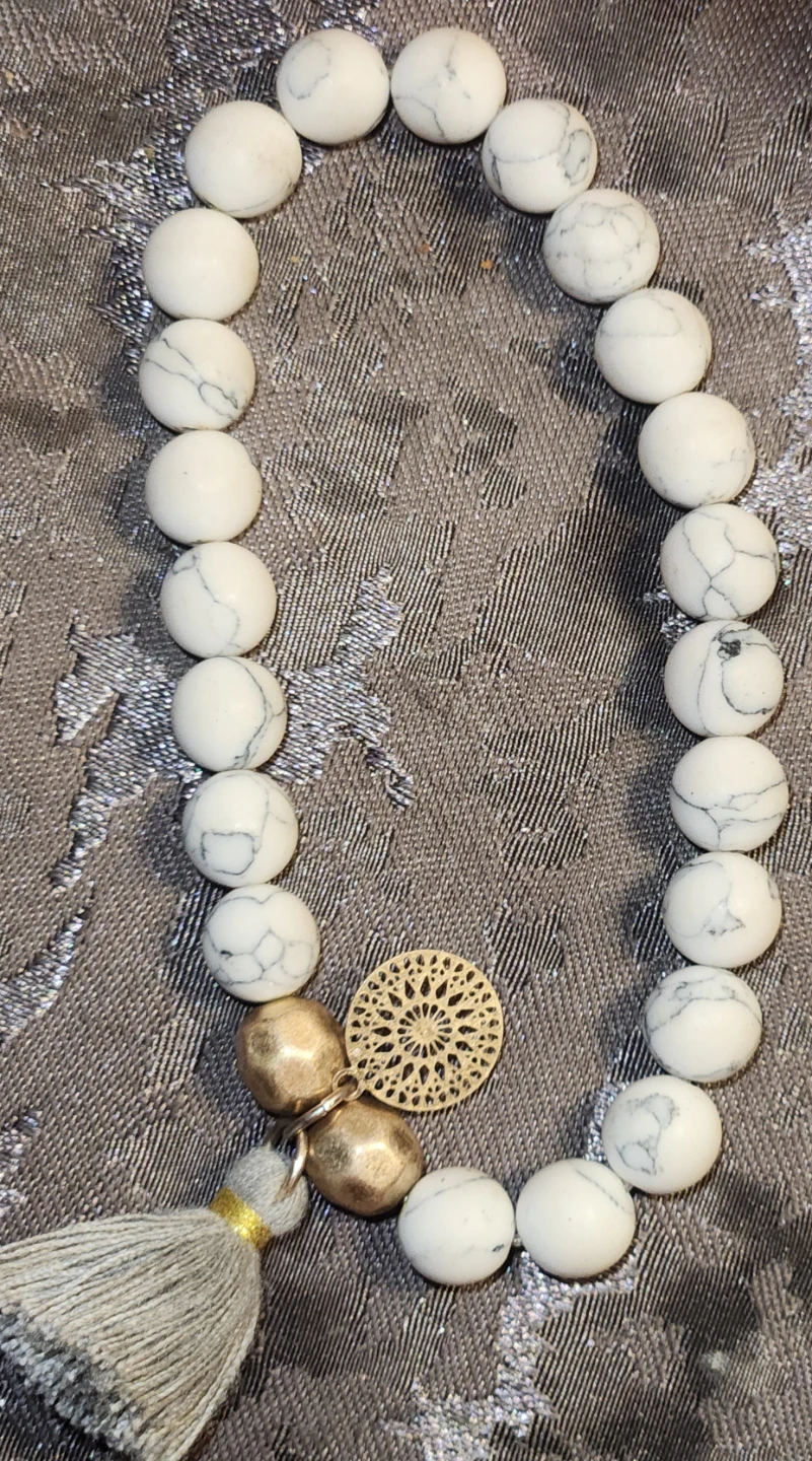White Howlite & Brass Charm Stretch Bracelet with Tassel