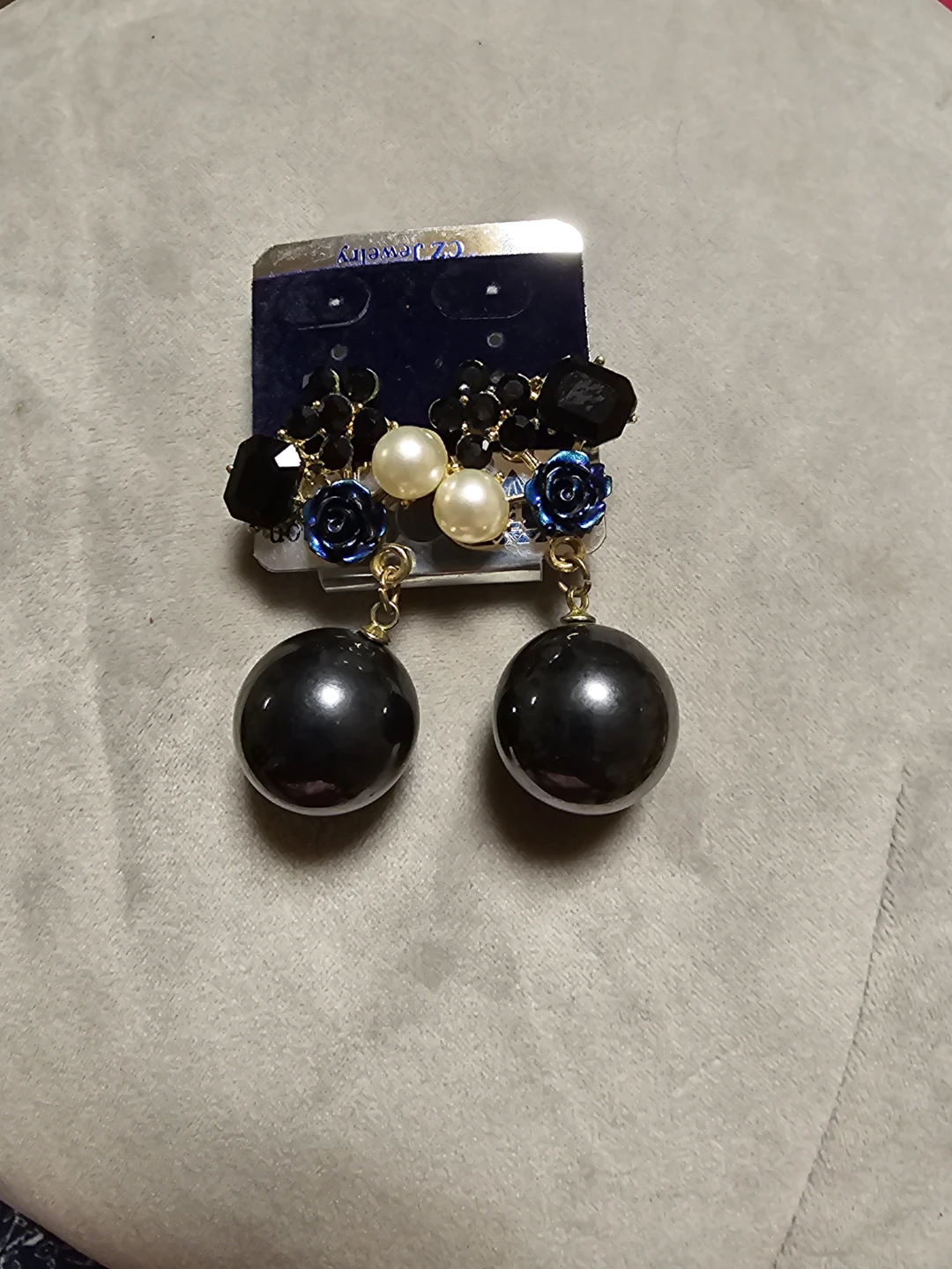 CZ Jewelry Black Pearl Rose Dangle Earrings