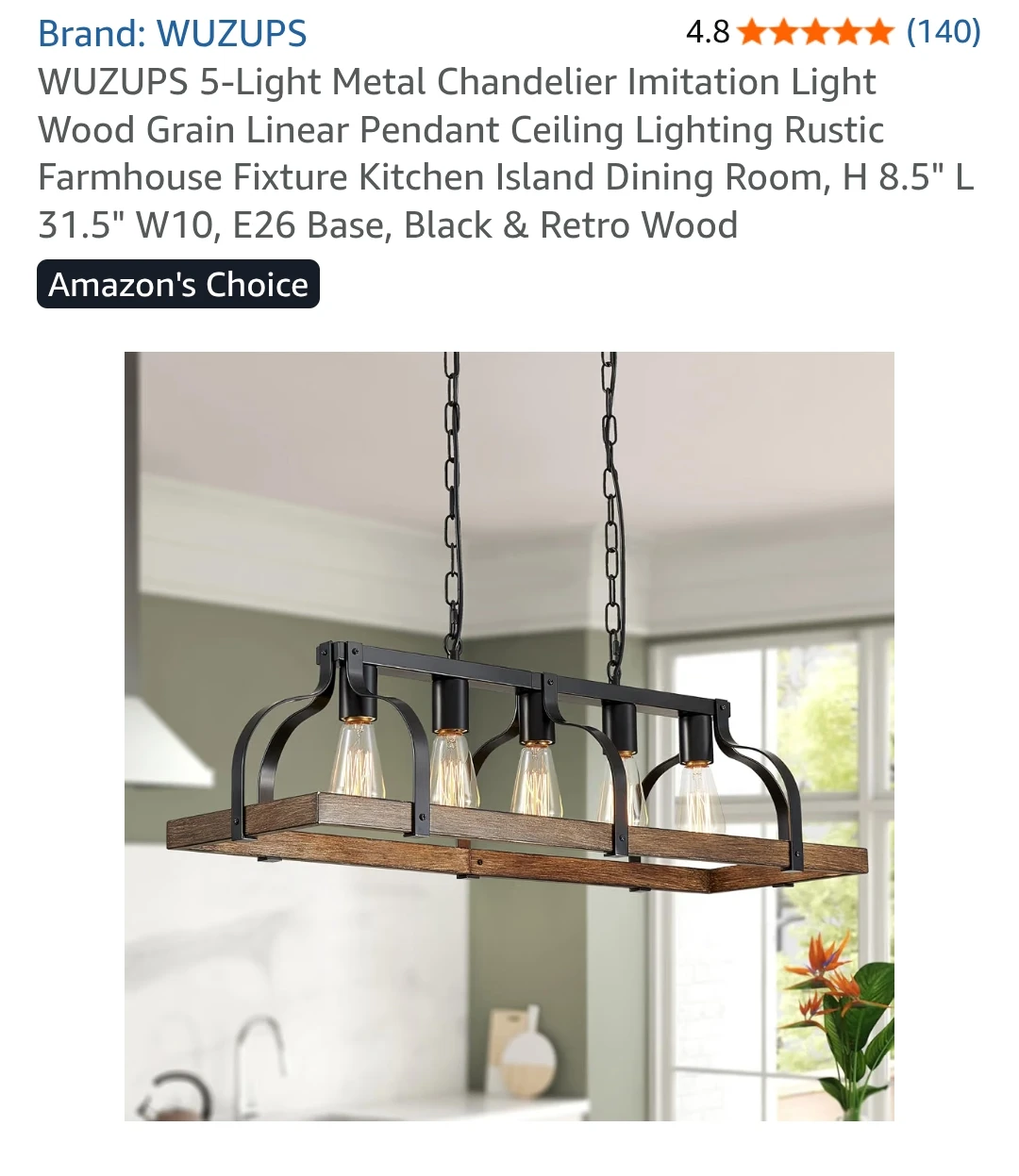 WUZUPS 5-Light Metal and Faux Wood Linear Pendant Light