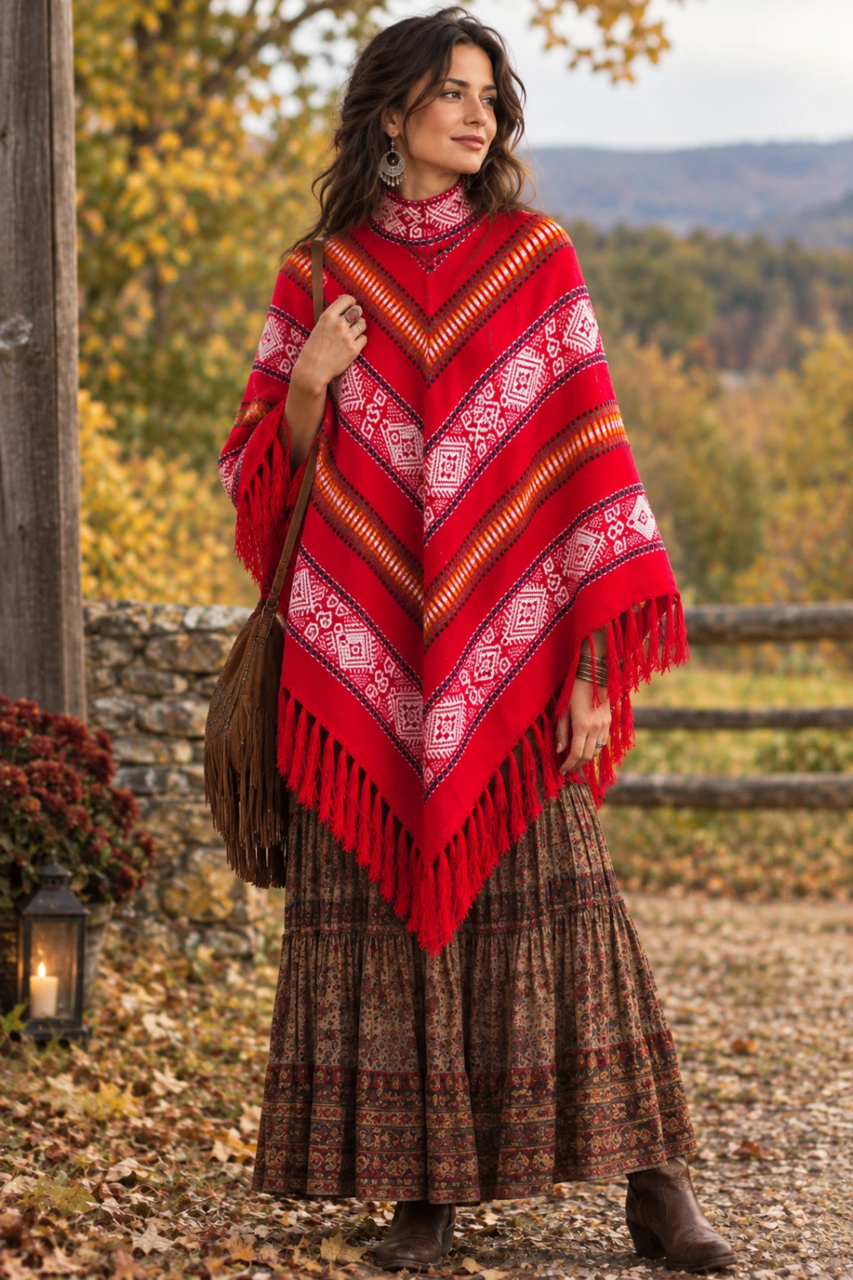 Handmade Red Patterned Fringe Poncho Ecuador