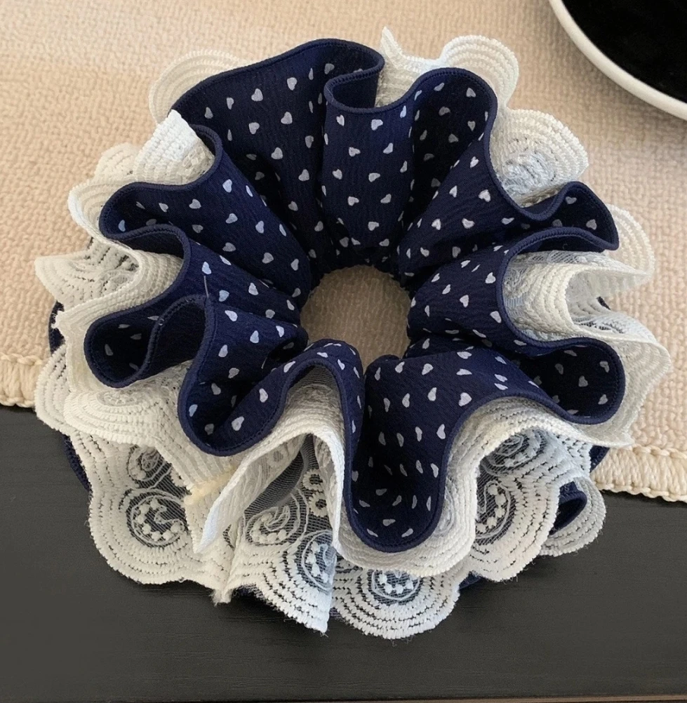 Navy Blue Heart Pattern Scrunchie with Lace Detail