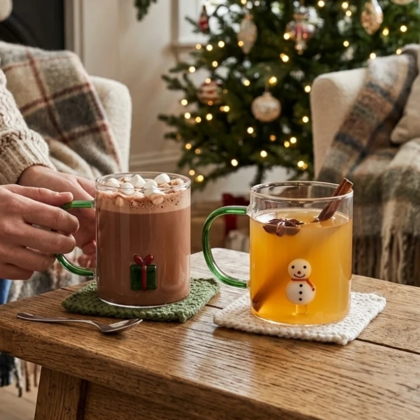 Set of 2 Clear Glass Mugs with Green Handles