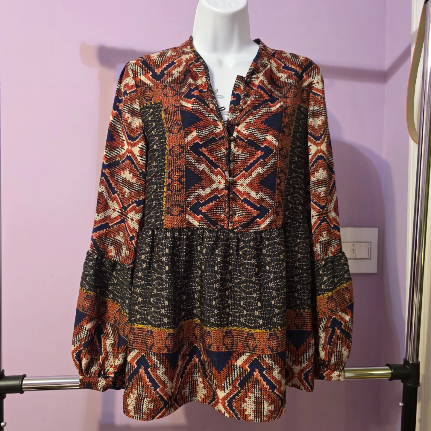 Konrad +Joseph Long Sleeve Printed Peplum Blouse Size S