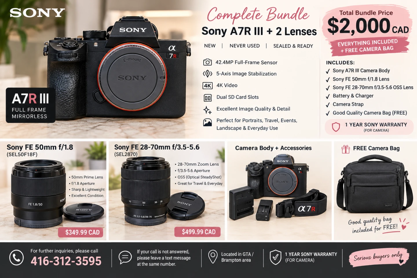 NEW Sony A7R III + 2 Lenses – $2,000 CAD