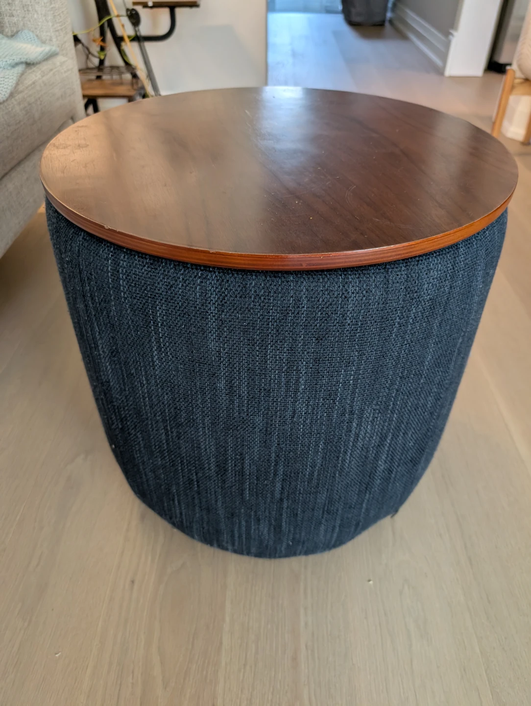 West Elm 19"  Round Storage Ottoman with Wooden Top