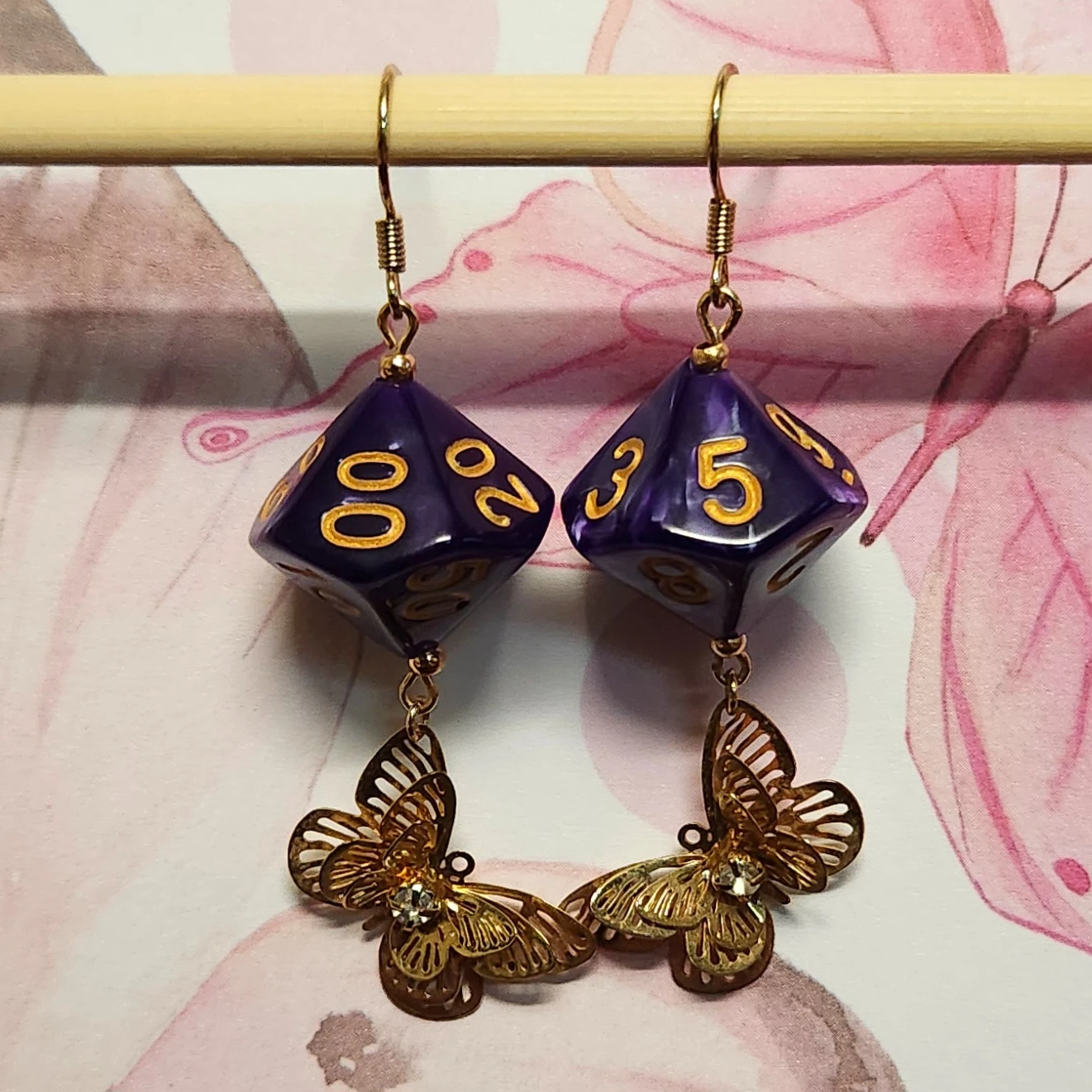Purple D20 Die Earrings with Butterflies - photo 2