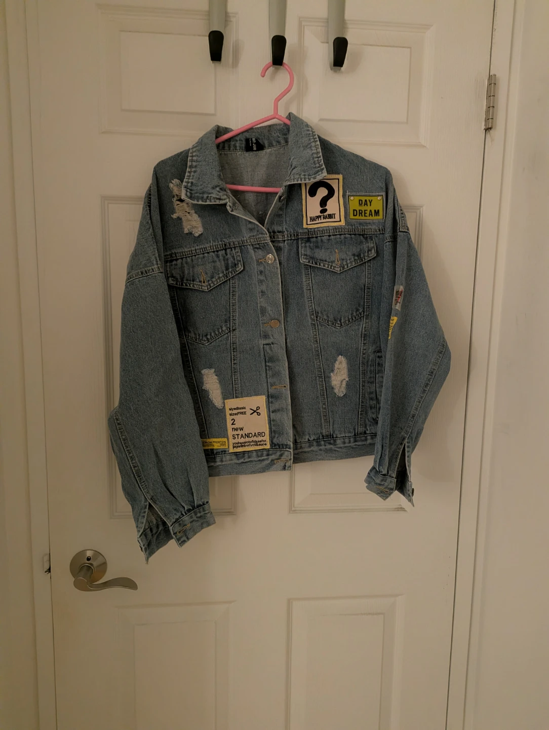 Distressed Denim Jean Jacket with Patches