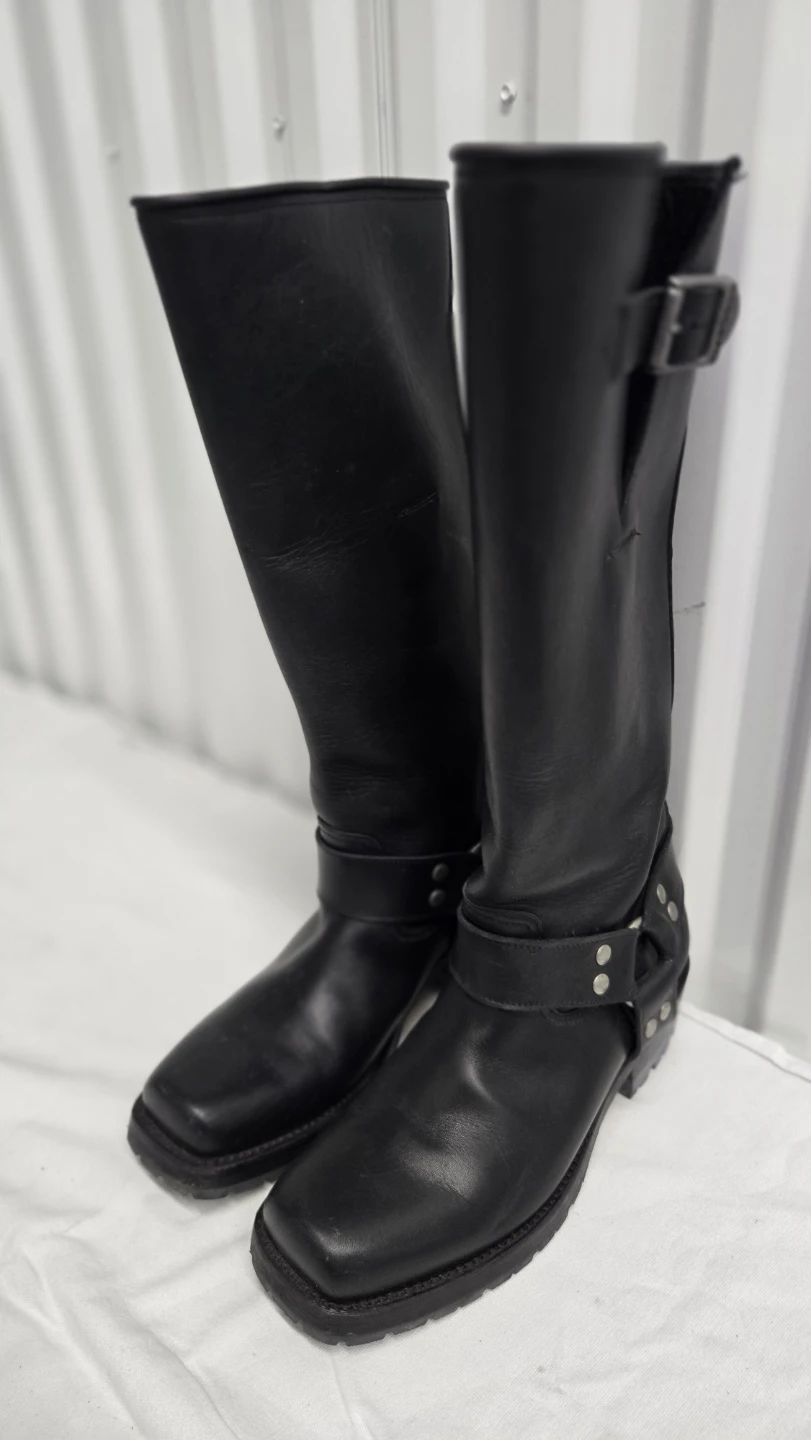 Embossy Men's Black Leather Harness Knee High Boots Square 9.5