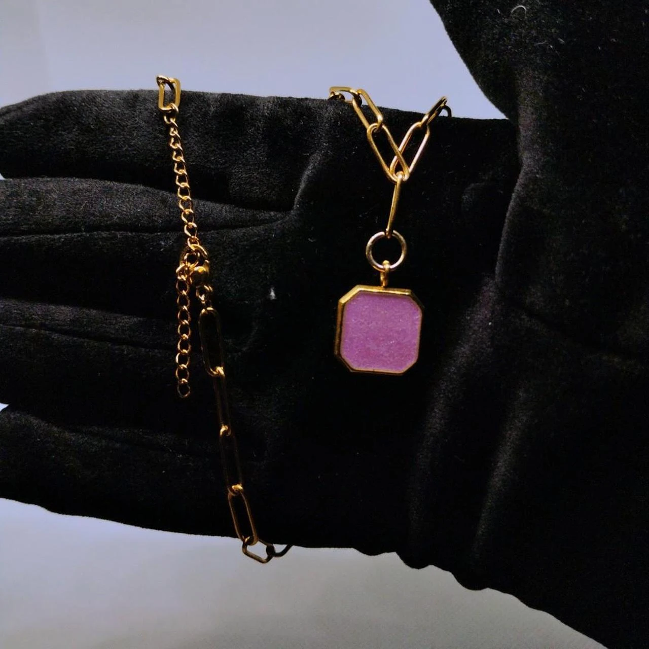 Boho Purple Glitter Pendant in Paperclip Necklace Stainless