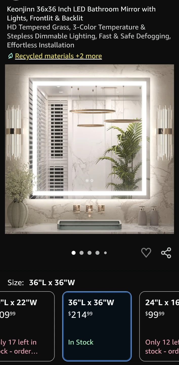 Keonjinn 36x36 Inch LED Bathroom Mirror