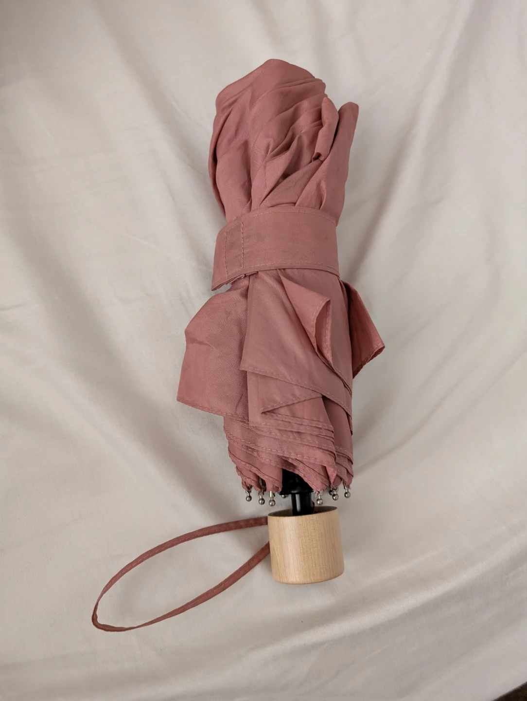 Pink Compact Umbrella with Wooden Handle