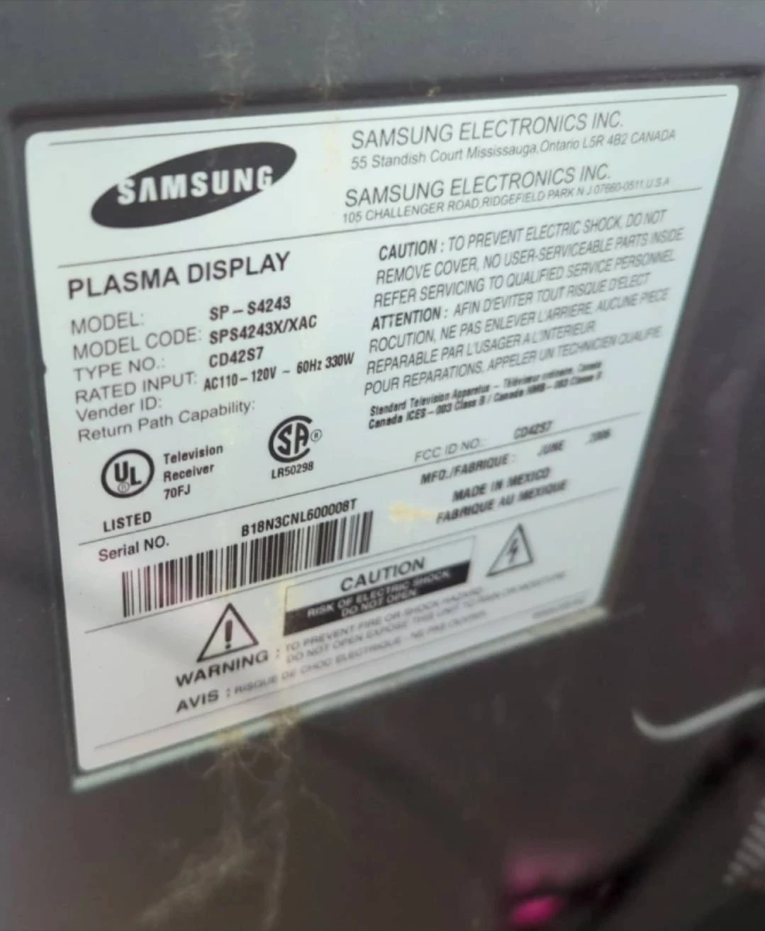 Samsung 42-inch Plasma Television SP-S4243 - photo 2