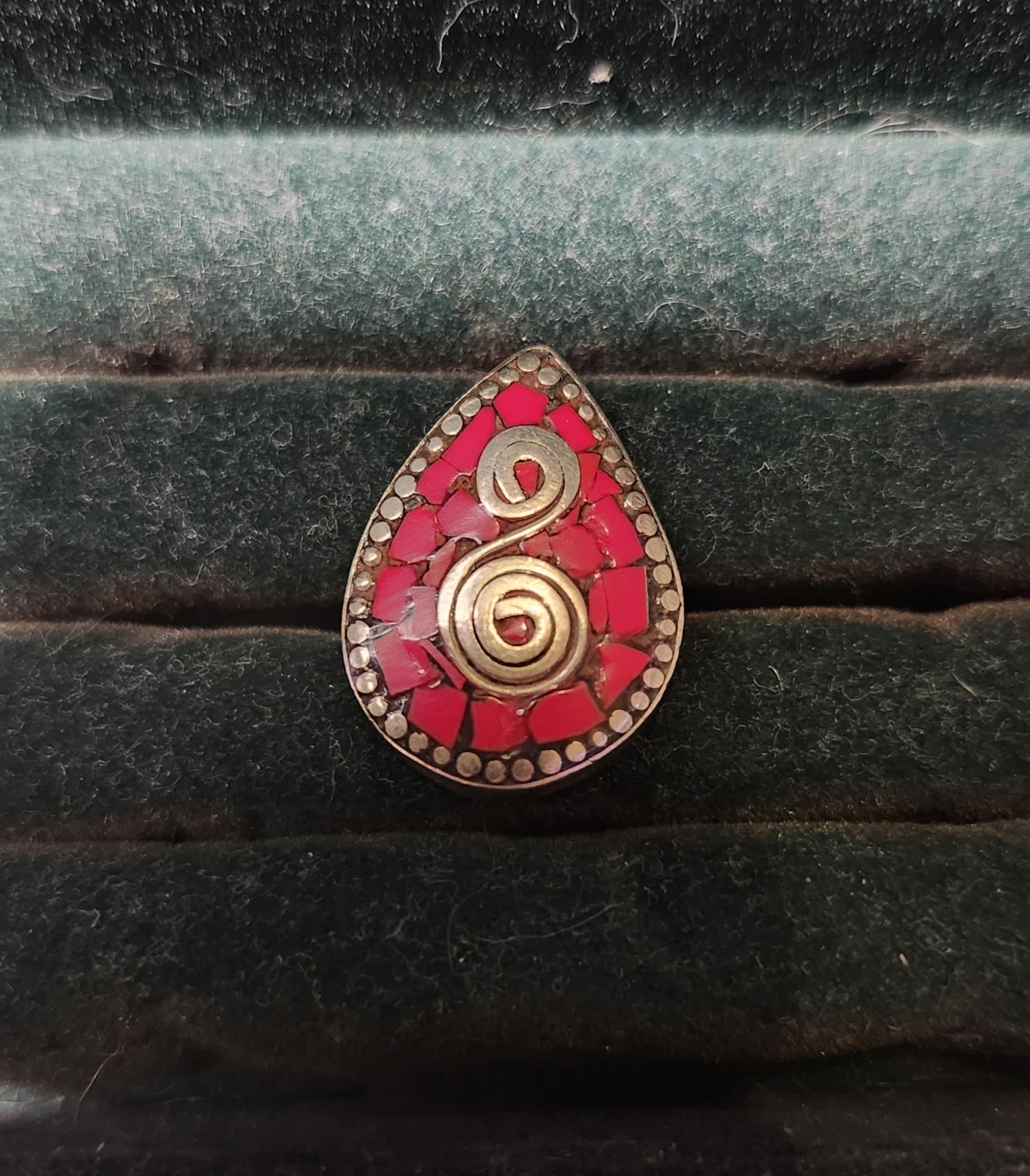 Handmade Teardrop Ring with Red Mosaic Inlay