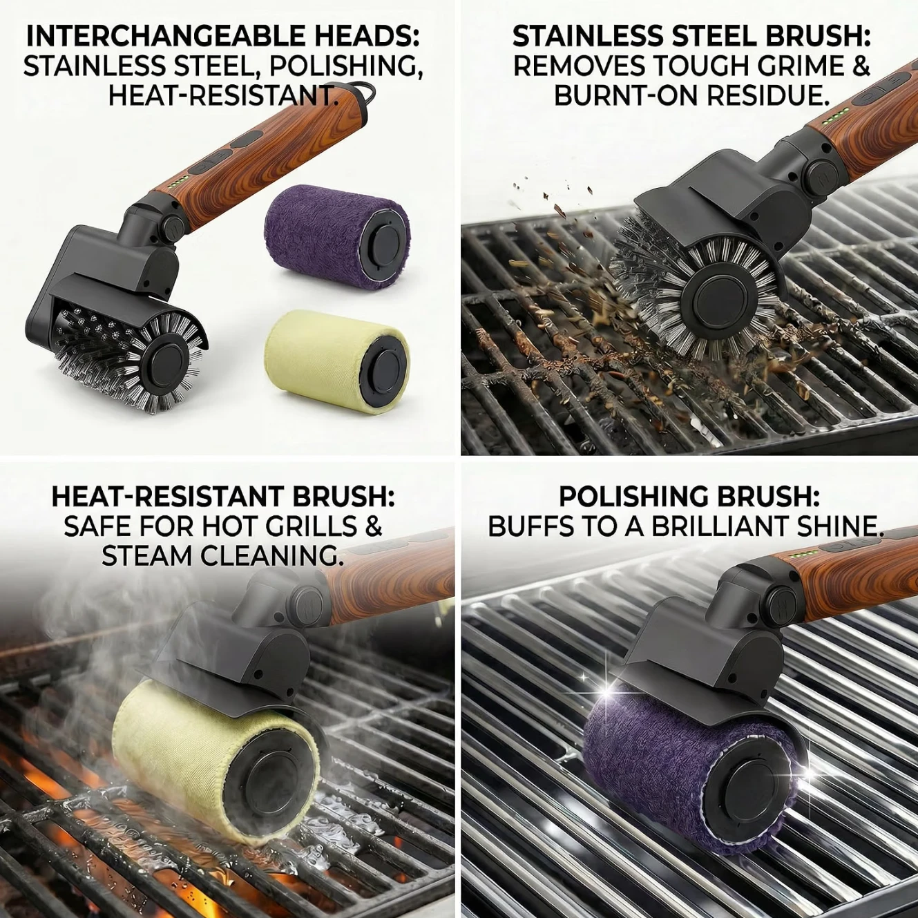 Electric BBQ Grill Brush with Interchangeable Heads - photo 3