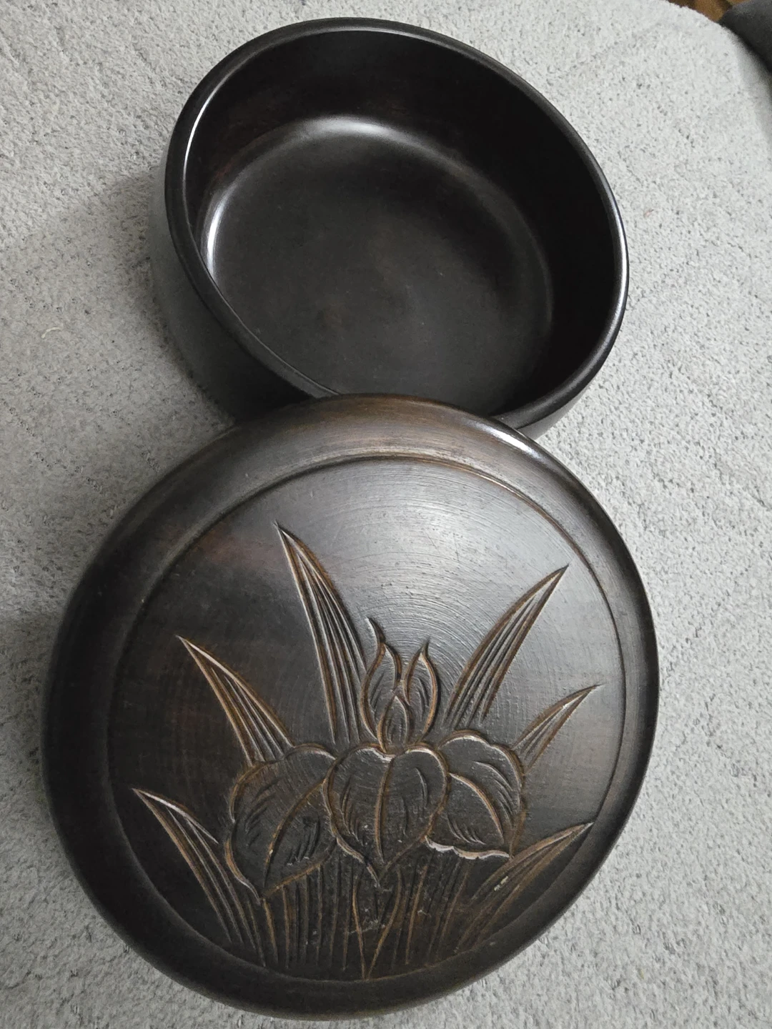 Wooden round storage box with floral carving
